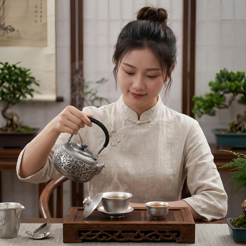 Pure 999 Fine Silver Elegant  Teapot with Intricate Cloud Patterns and Coiled Black Handle-Fine large teapot - Handicraft Vera Lux