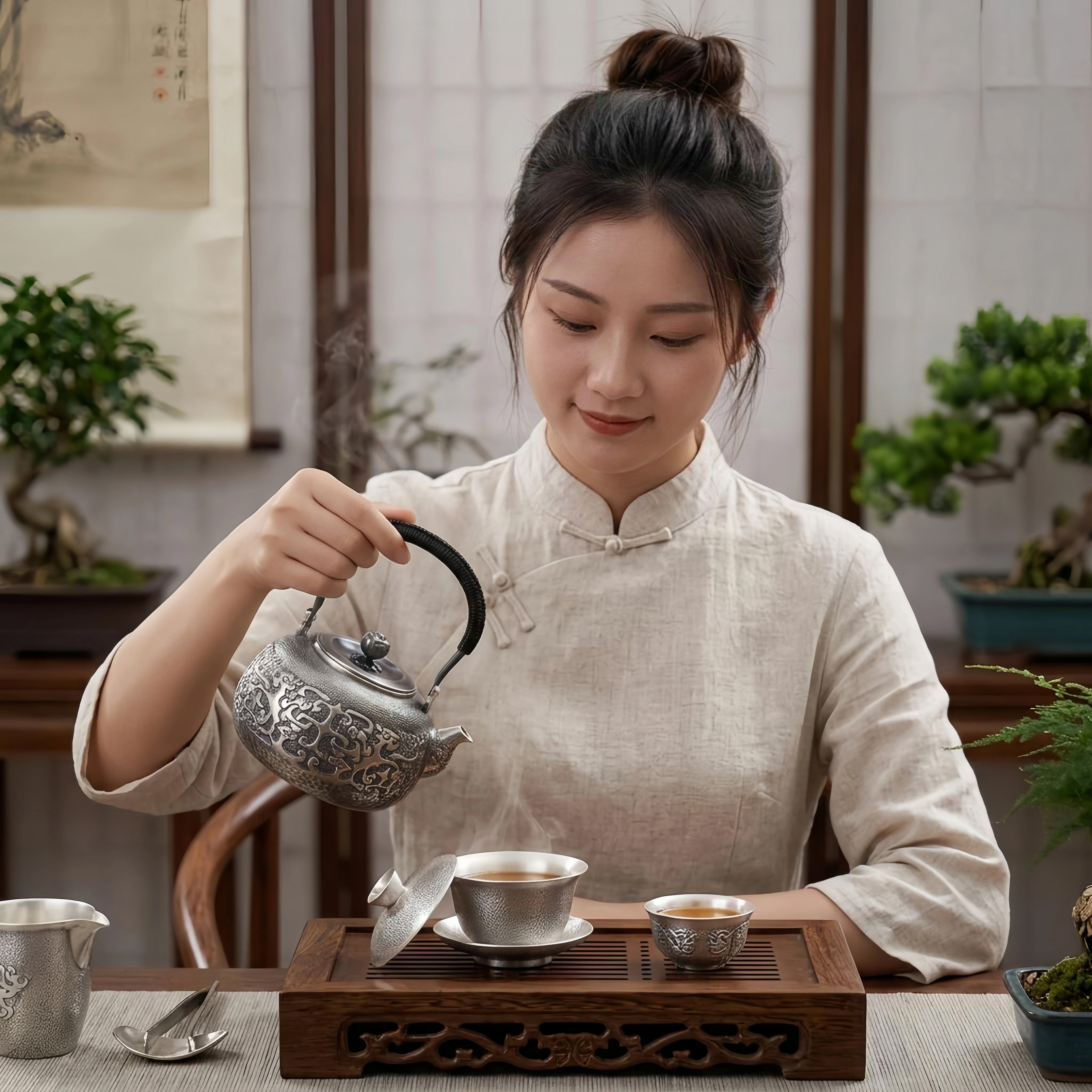 Pure 999 Fine Silver Elegant  Teapot with Intricate Cloud Patterns and Coiled Black Handle-Fine large teapot - Handicraft Vera Lux