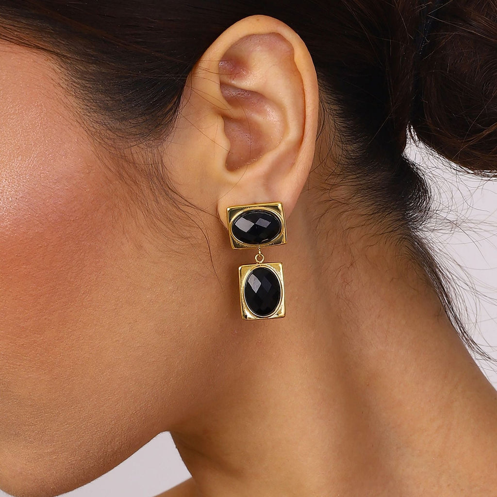 18k gold rectangular inlaid oval gemstone design trendy and unique earrings Vera Lux