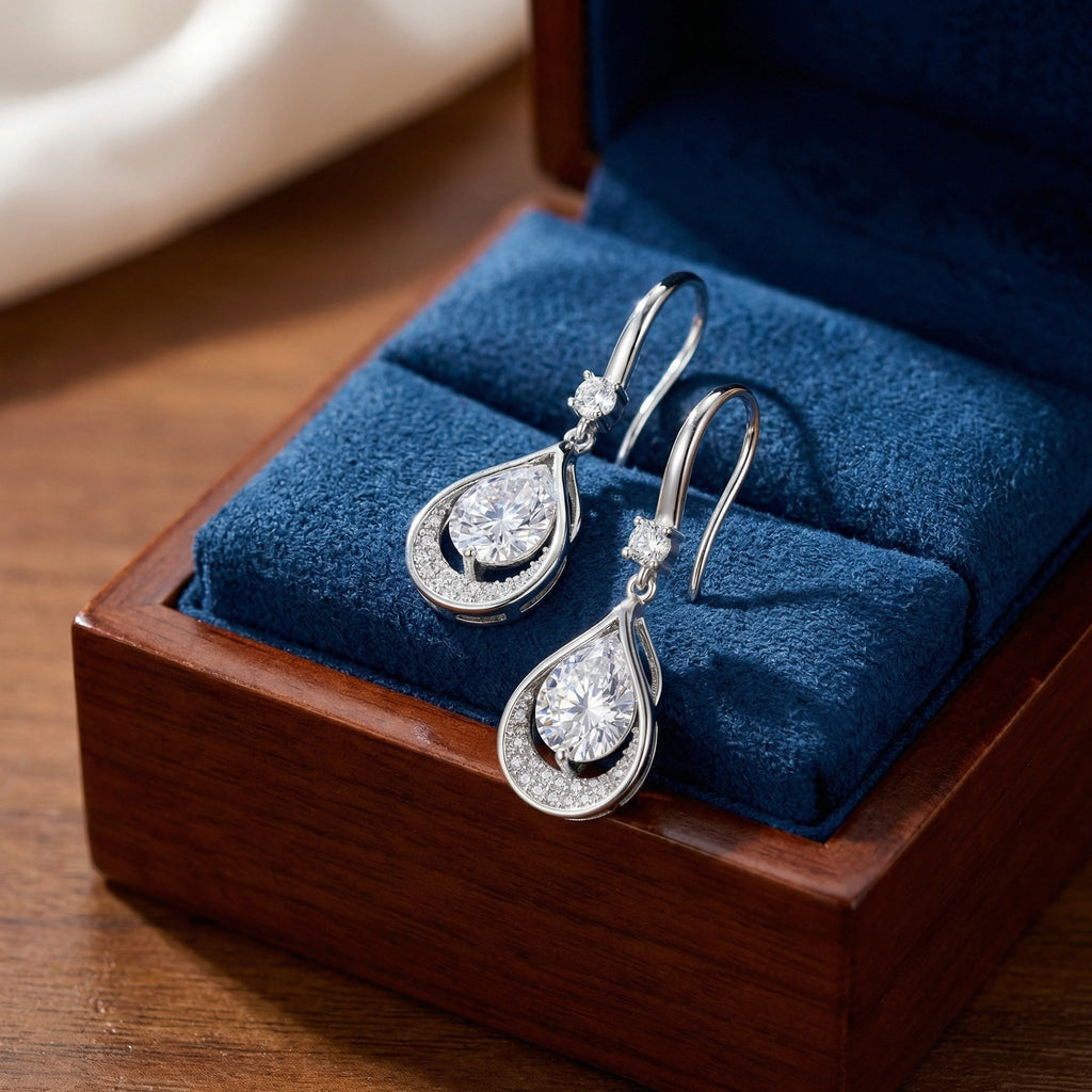 925 Sterling Silver Elegant Pear-Shaped Teardrop Halo Dangle Earrings in Sterling Silver Finish Vera Lux