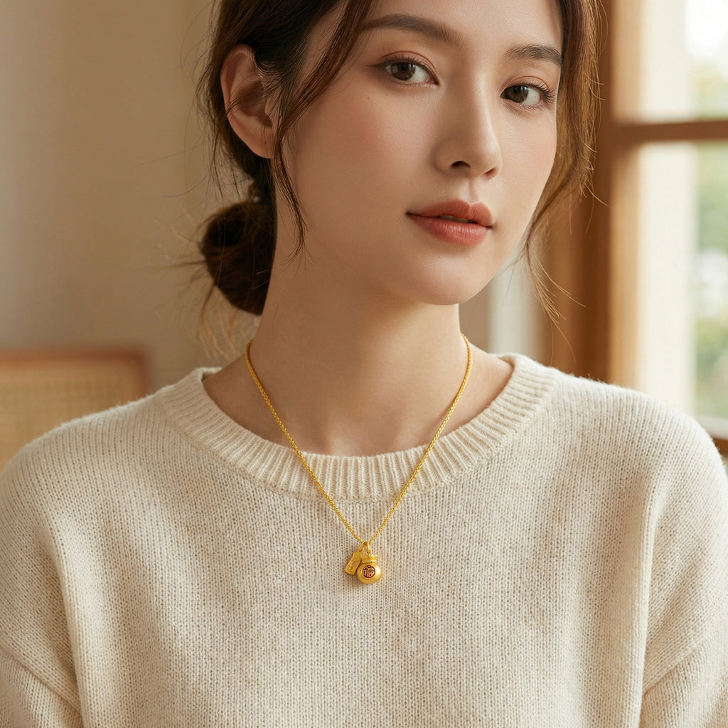925 Sterling Silver Traditional Fortune Money Bag Necklace with Red Fu Character and Prosperity Tag Vera Lux