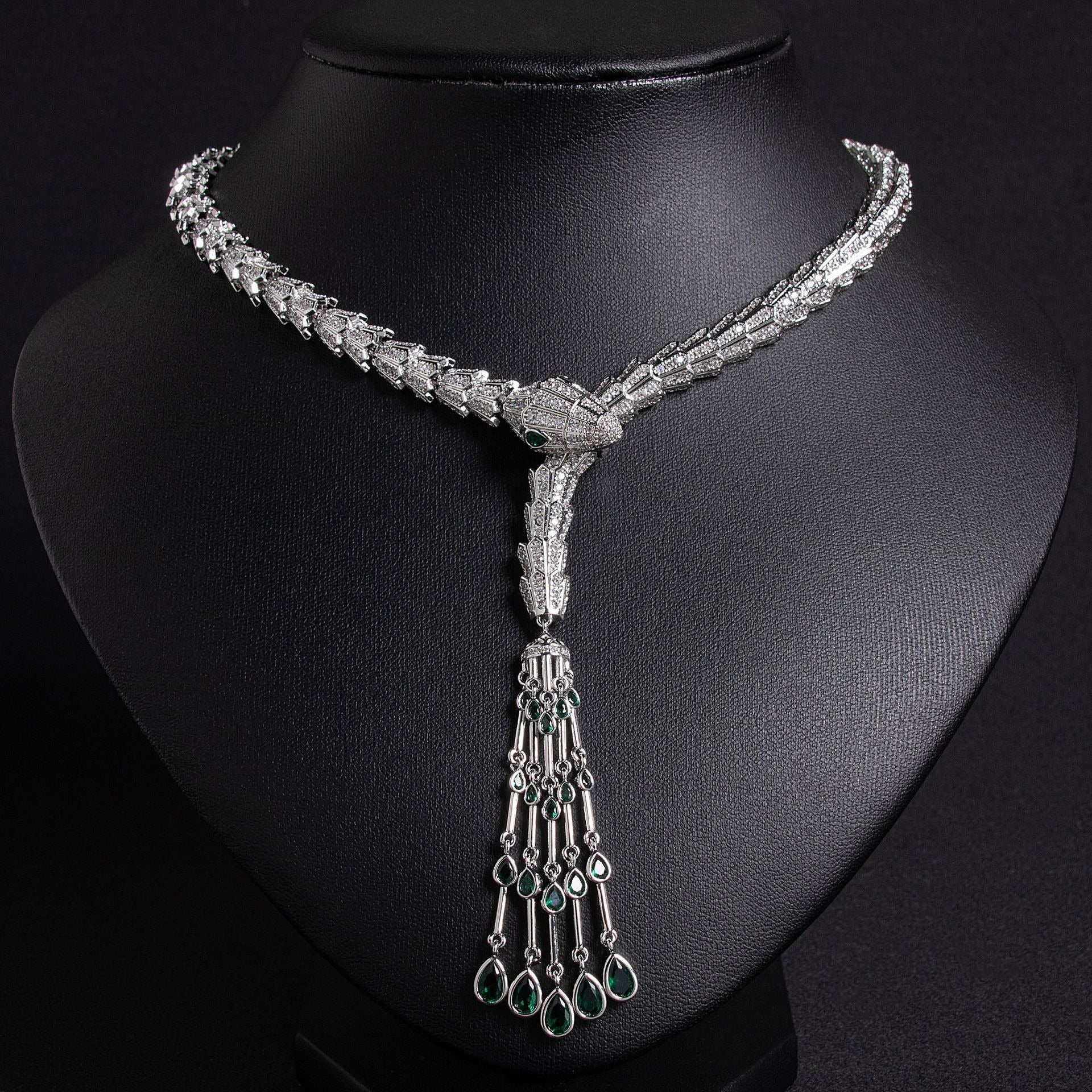 Serpentine Tassel Necklace with Diamonds and Zirconia Vera Lux