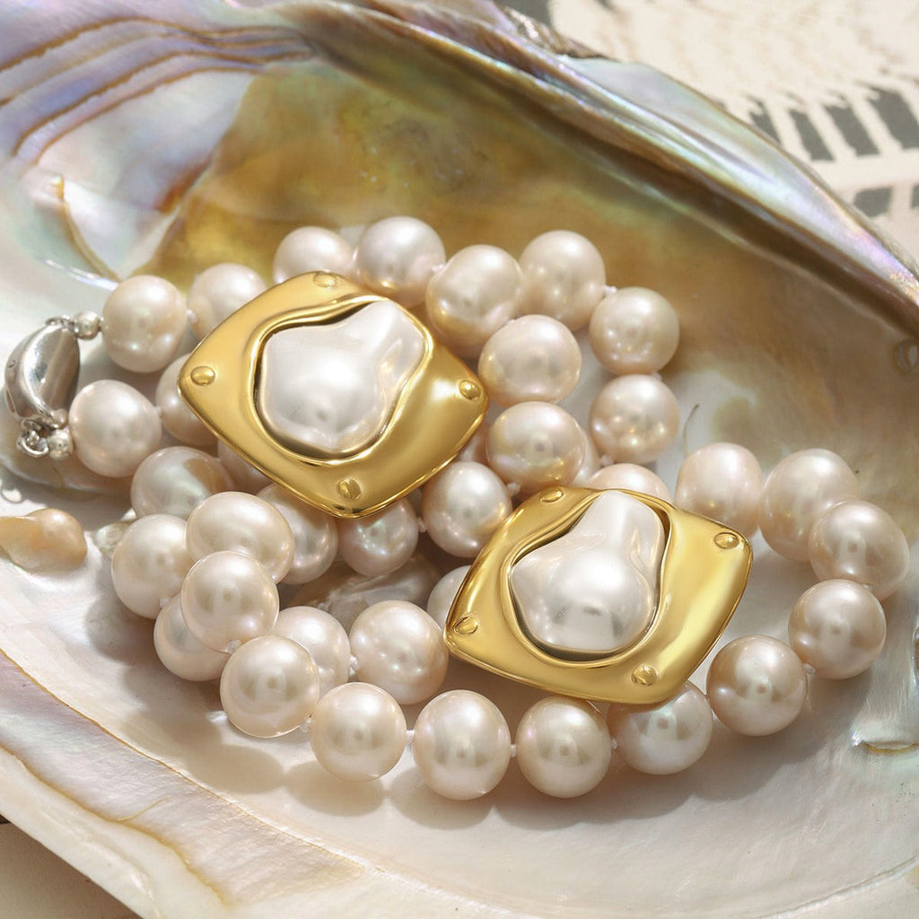 18K gold geometric square inlaid irregular pearls exquisite design dazzling earrings Vera Lux