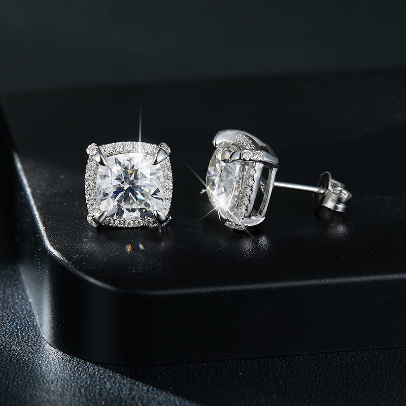 S925 Sterling Silver 8x8mm Cushion Cut Moissanite Stud Earrings  Platinum Plated Halo Setting With GRA Certificate Luxury Jewelry Gift Box Set For Women Vera Lux
