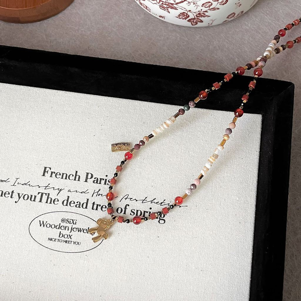 Retro Anqila Red Dunhuang-style Colorful Red Agate Layered Beaded Necklace Vera Lux