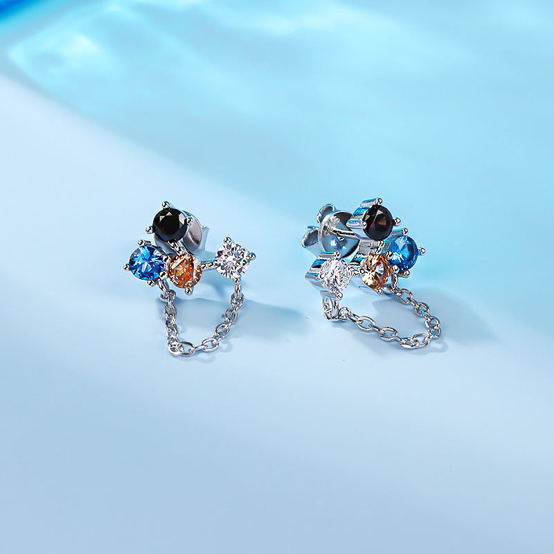 S925 Silver Asymmetric Multicolor Zircon Tassel Drop Earrings, Women Unique Versatile Dangle Jewelry Vera Lux