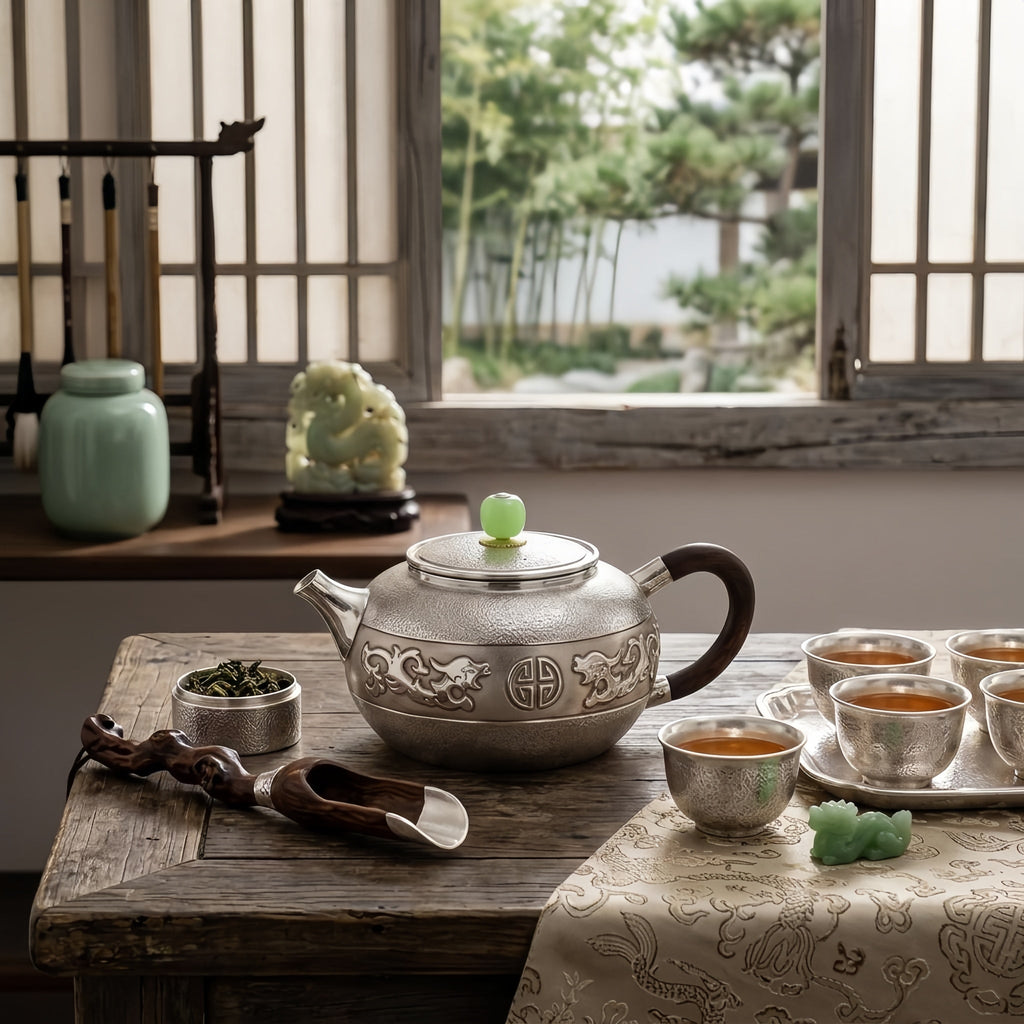 925 Sterling Silver Ornate Silver Dragon Teapot with Green Jade Finial and Elegant Wooden Handle - Handicraft Vera Lux