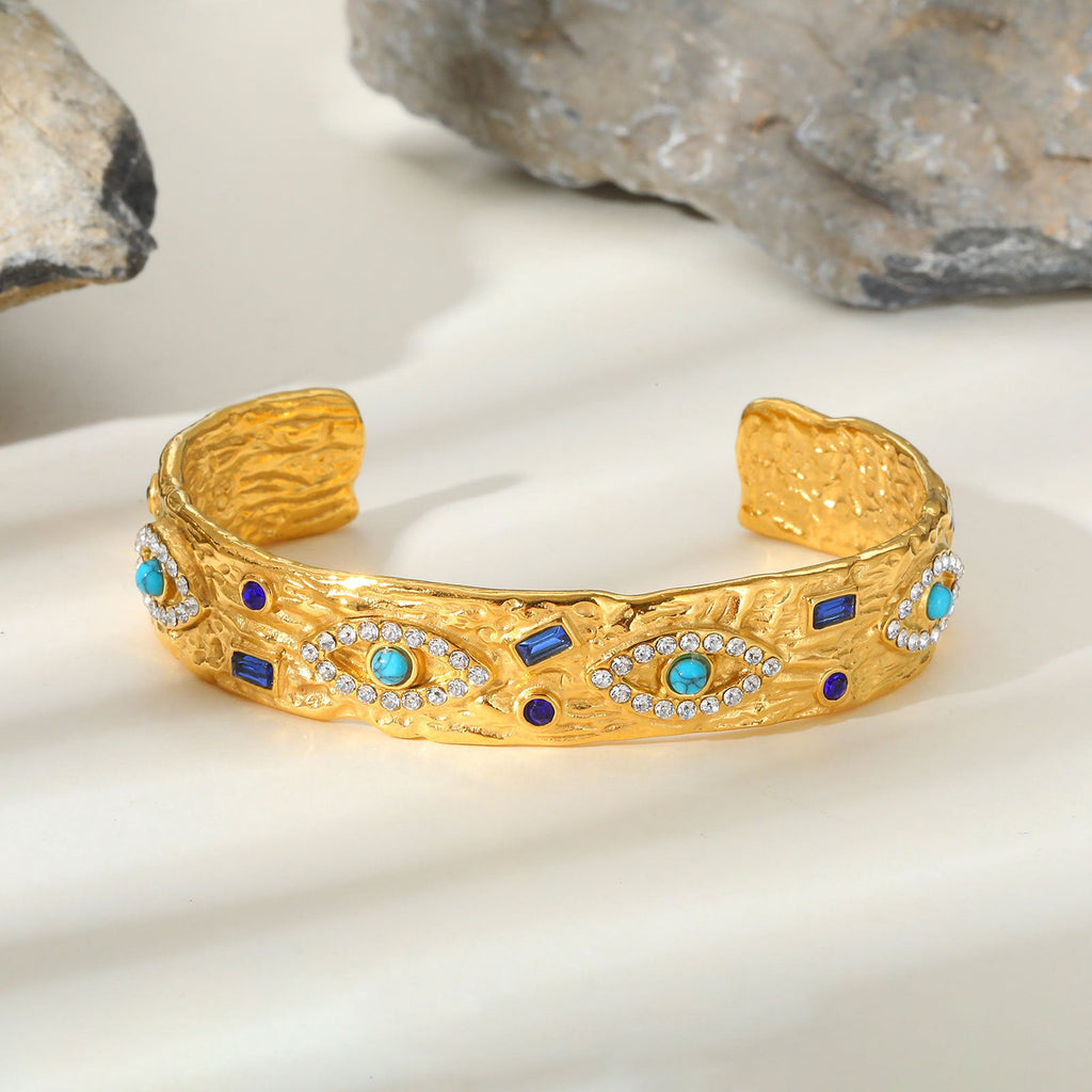 Stainless Steel Zircon Turquoise Eye Open Bracelet In Gold Color Vera Lux