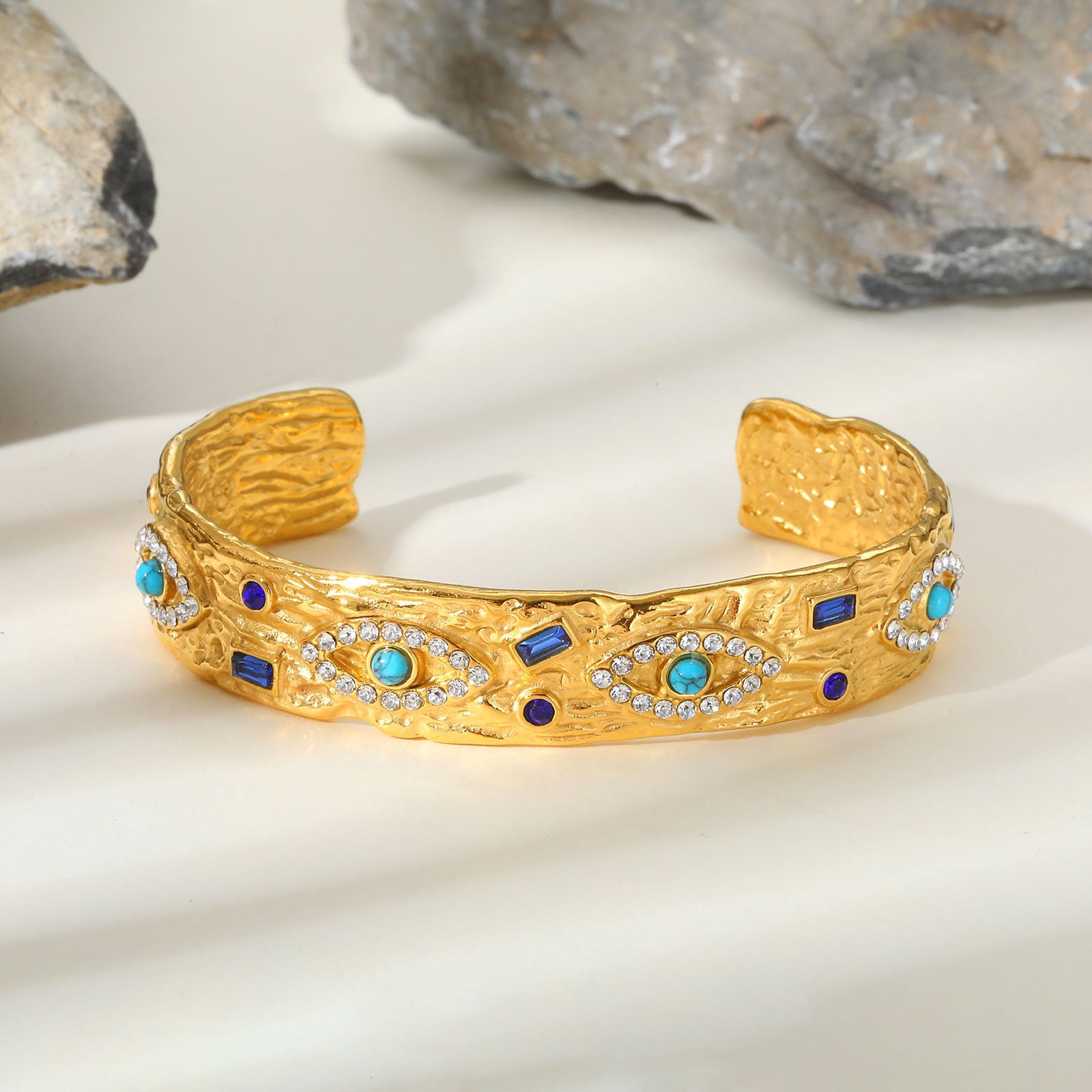 Stainless Steel Zircon Turquoise Eye Open Bracelet In Gold Color Vera Lux