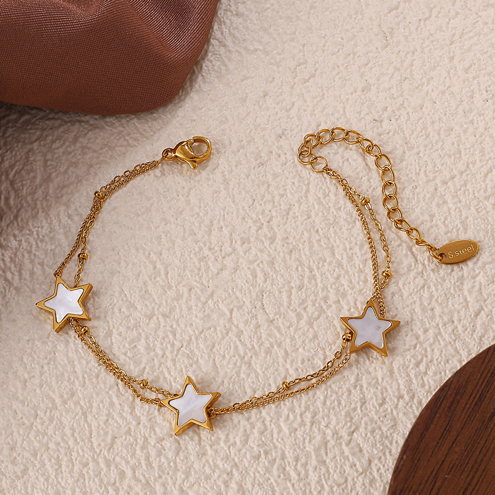 New European & American Style Sweet Double Layer Star Bracelet, 18K Gold Plated Stainless Steel, Minimalist Light Luxury Bracelet For Women Vera Lux