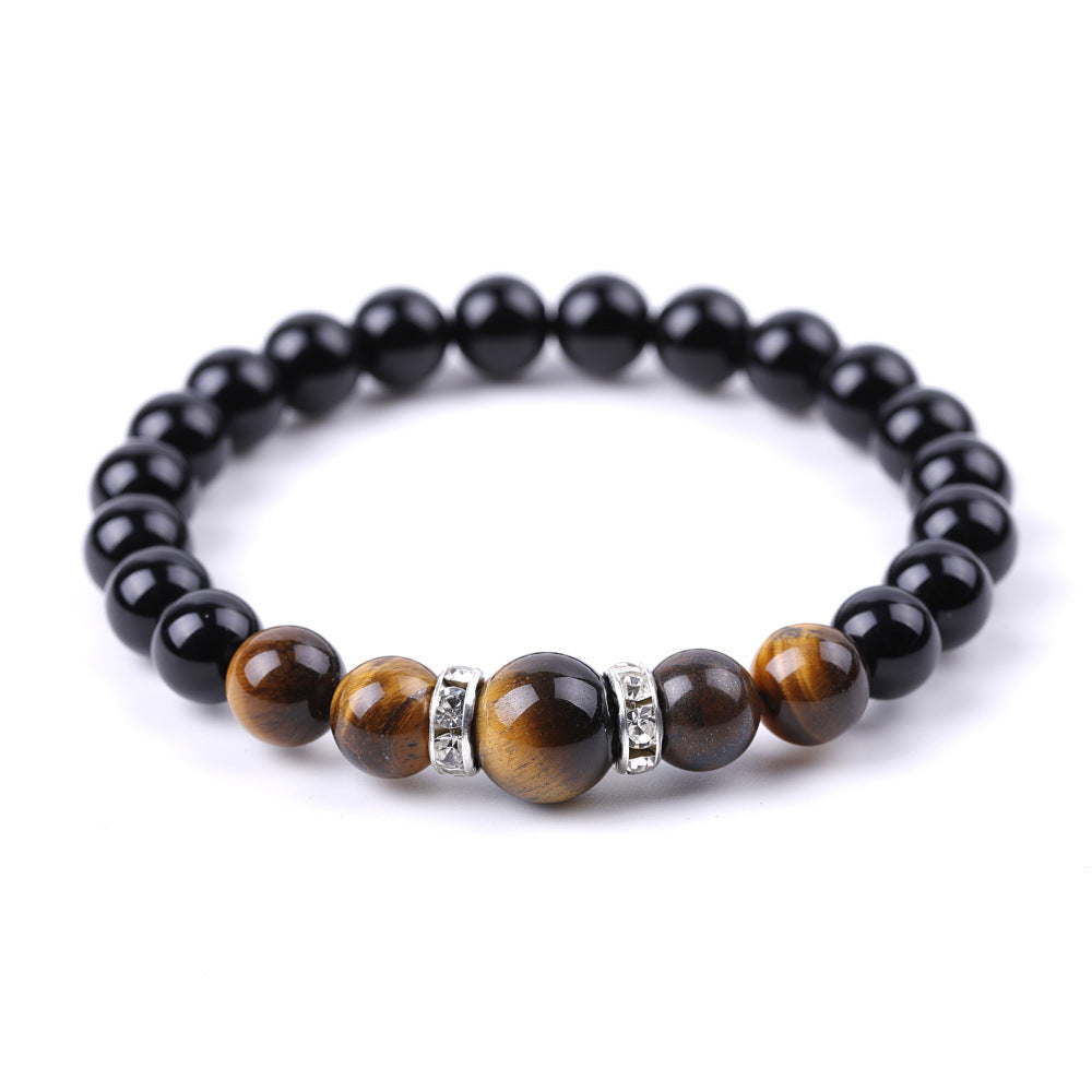 8 Mm 10mm Tigers Eye And Glossy Black Stone Micro-Inlaid Diamond Bracelet Vera Lux