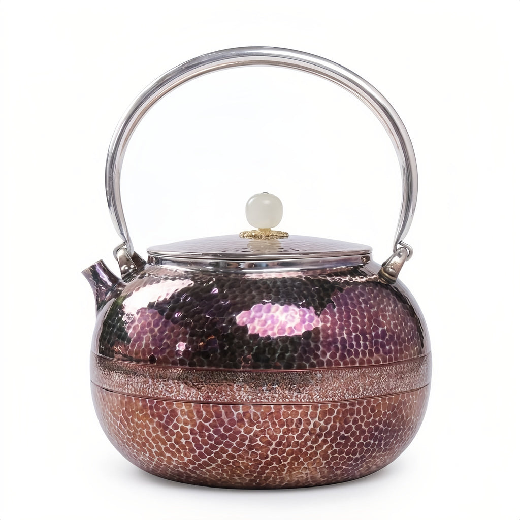 Pure 999 Fine Silver Exquisite Hammered Metallic Teapot with High Arched Handle and Decorative Accents - Handicraft Vera Lux