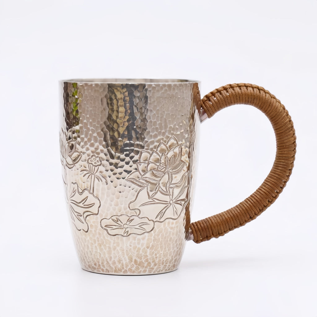 Pure 999 Fine Silver Hammered Silver Mug with Hand-Engraved Lotus Designs and Woven Handle - Handicraft Vera Lux
