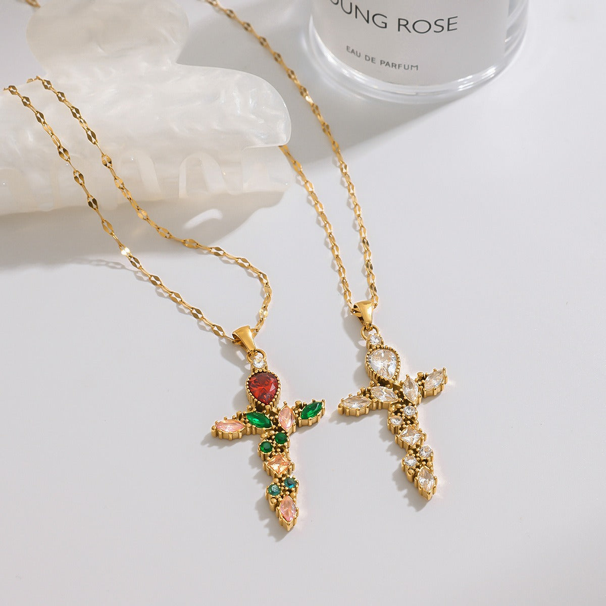 18K Gold Cross Inlaid Gemstone Design Exquisite Fashion Necklace Vera Lux