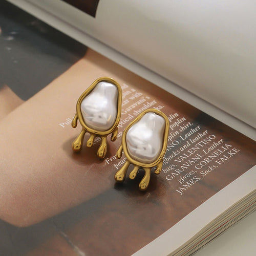 18K gold geometric oval inlaid irregular pearl design exquisite noble earrings Vera Lux