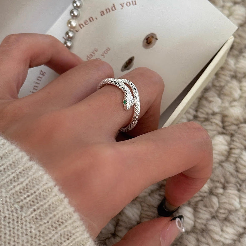 S925 Sterling Silver Green Eye Spirit Snake Ring For Women, Niche Minimalist Cool Style, Snake Design, Premium Light Luxury Open Index Finger Ring Vera Lux