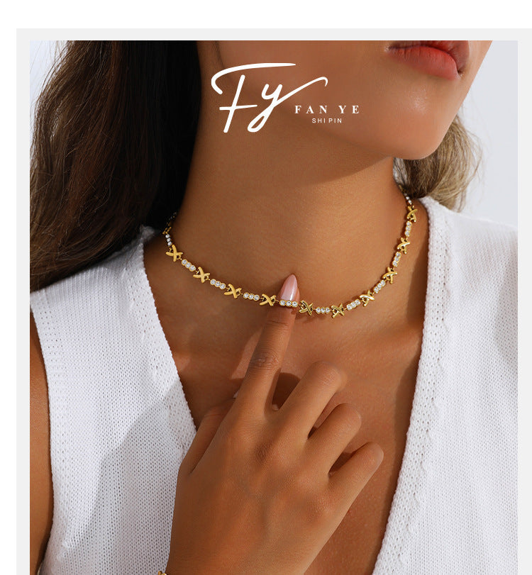 X-shaped Diamond-studded Necklace Set For Ladies - Luxurious And High-end, Featuring A Sparkling Array Of Diamonds And A Stainless Steel Bracelet Accessory. Vera Lux