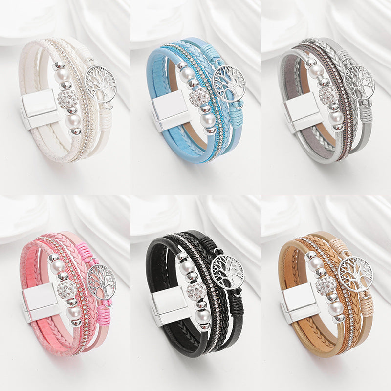 Drilled-bead Multi-layer PU Leather Braided Magnetic-clasp Bracelet Vera Lux