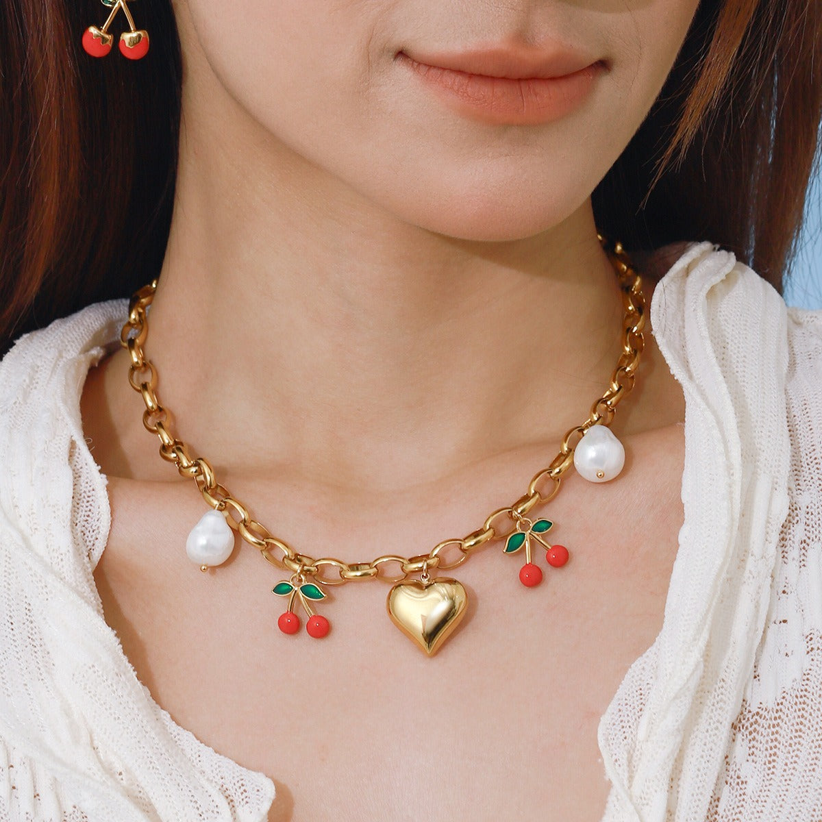 18K gold heart with cherry design exquisite and noble necklace Vera Lux