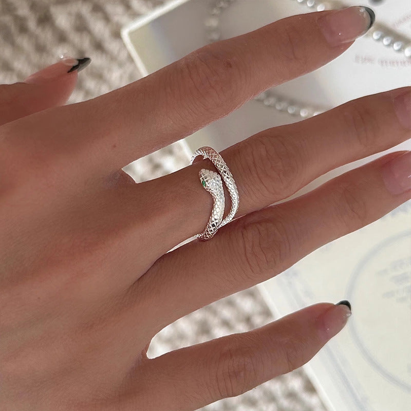 S925 Sterling Silver Green Eye Spirit Snake Ring For Women, Niche Minimalist Cool Style, Snake Design, Premium Light Luxury Open Index Finger Ring Vera Lux