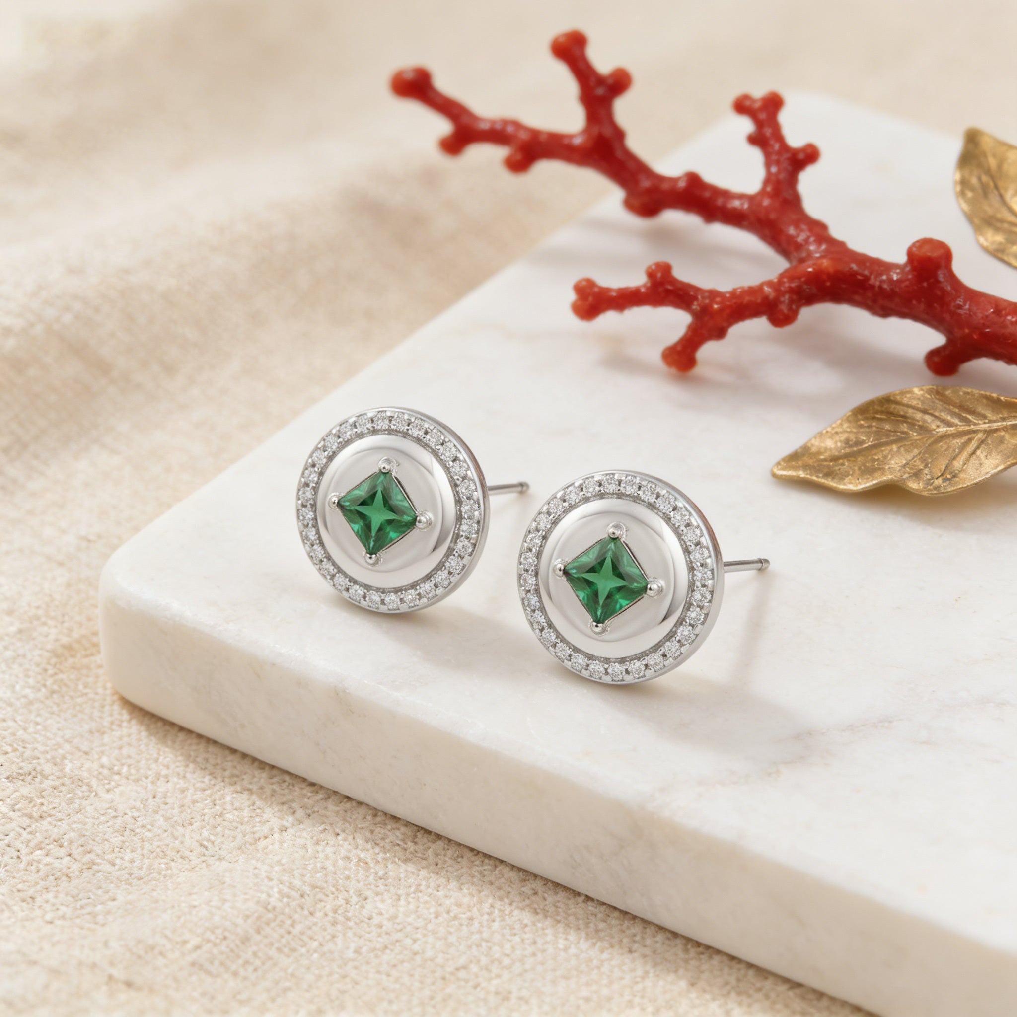 925 Sterling Silver Elegant Round Green Gemstone Stud Earrings with Sparkling Halo Vera Lux