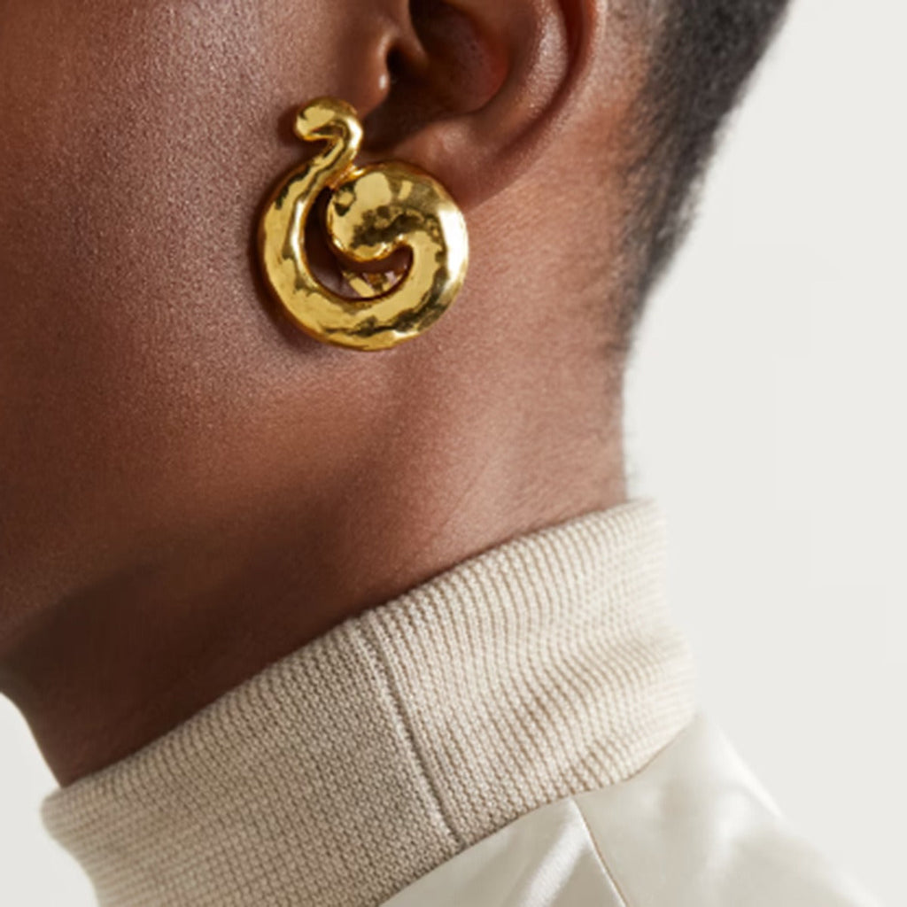 18K gold snake shape with hammer pattern design simple and unique earrings Vera Lux