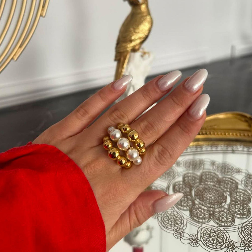 18K gold multi-layer round beads with pearl design exquisite high-end ring Vera Lux