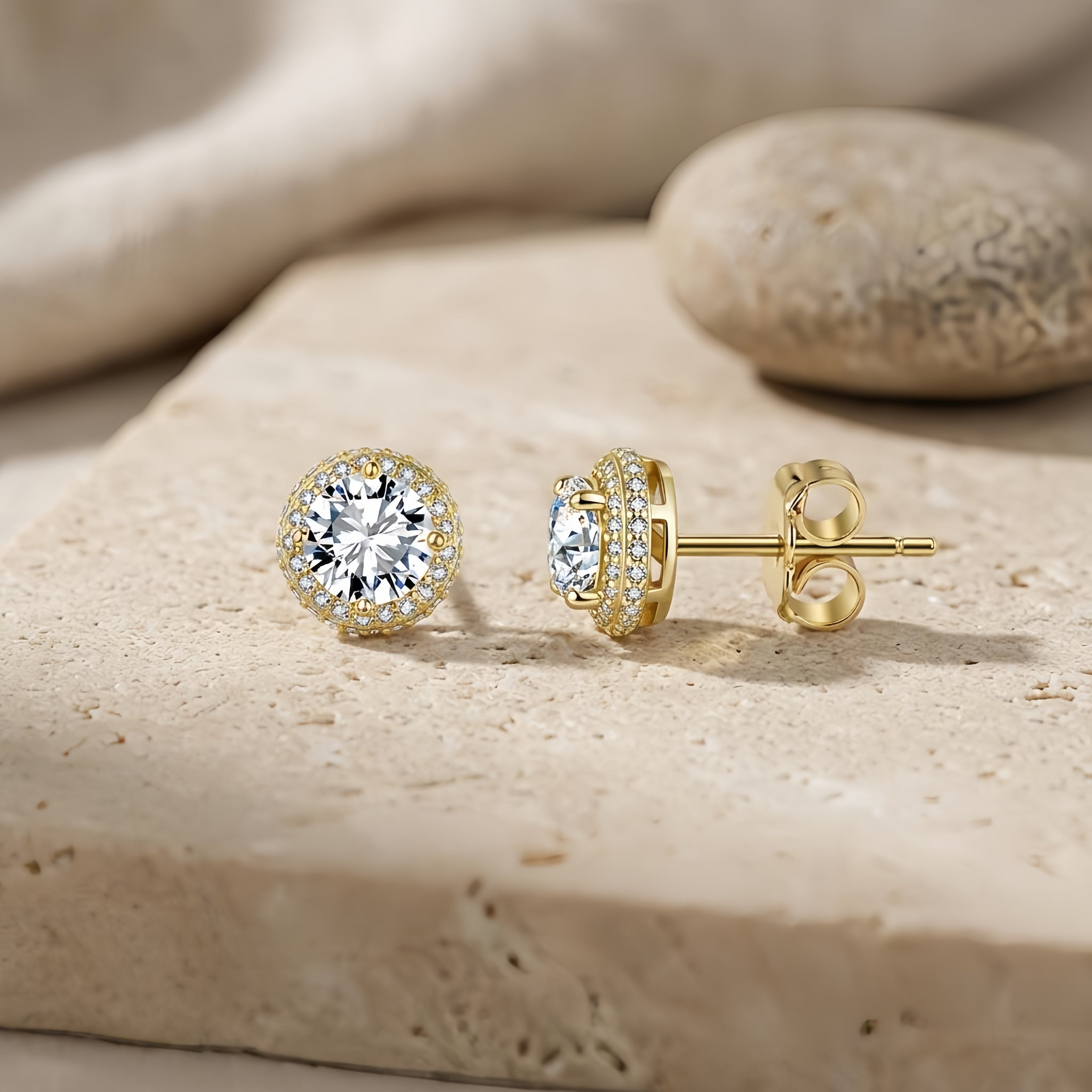 925 Sterling Silver Elegant Gold CZ Halo Stud Earrings with Butterfly Backs Vera Lux