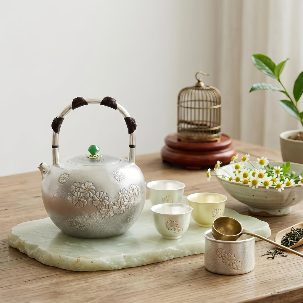 Pure 999 Fine Silver Handcrafted Sterling Silver Teapot with Floral Reliefs and Green Gemstone Knob - Handicraft Vera Lux