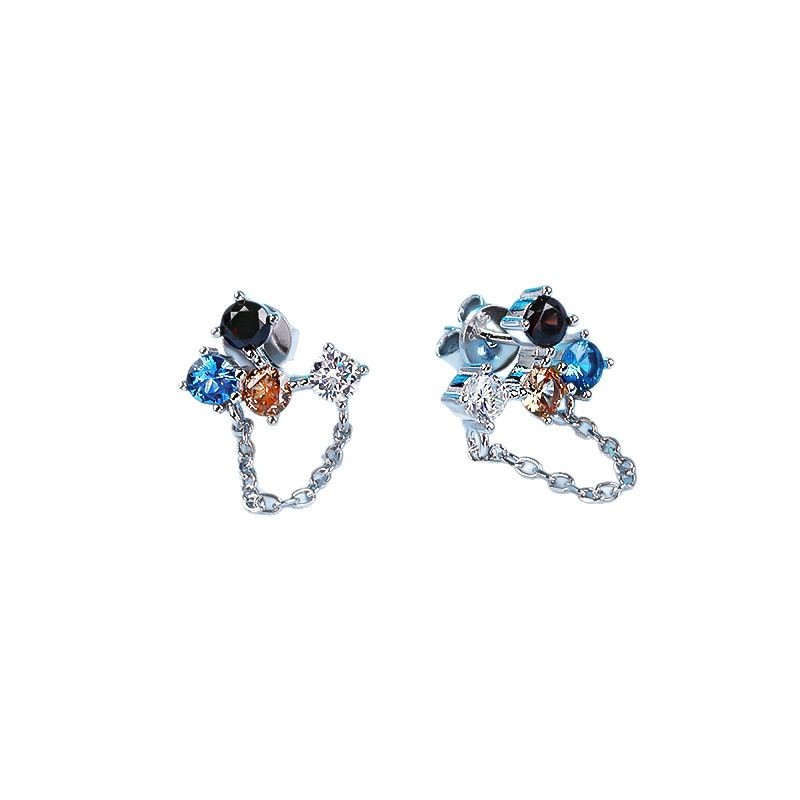 S925 Silver Asymmetric Multicolor Zircon Tassel Drop Earrings, Women Unique Versatile Dangle Jewelry Vera Lux