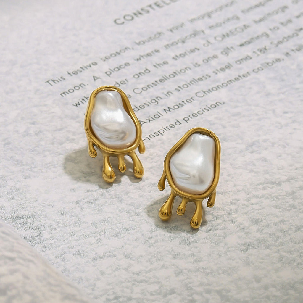 18K gold geometric oval inlaid irregular pearl design exquisite noble earrings Vera Lux