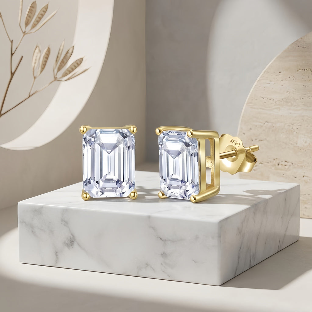 925 Sterling Silver Elegant Emerald Cut CZ Stud Earrings in Gold-Plated Sterling Vera Lux