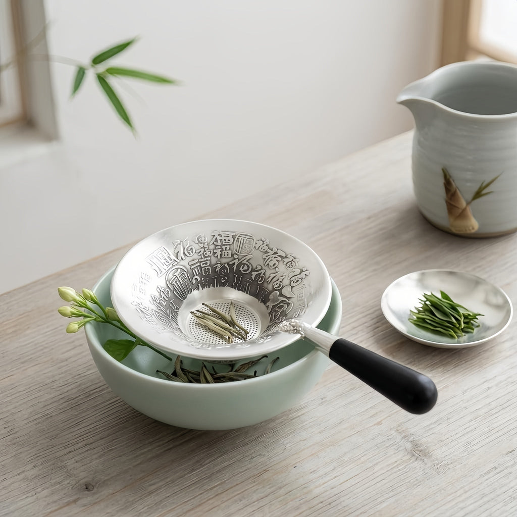 Pure 999 Fine Silver Ornate Silver Tea Infuser Featuring Traditional Chinese Fu Characters and Tapered Black Handle - Handicraft Vera Lux
