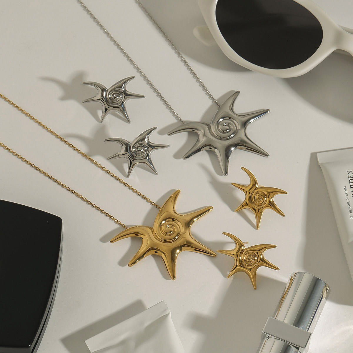 18K gold sun with thread design trendy and unique earrings and necklace set Vera Lux