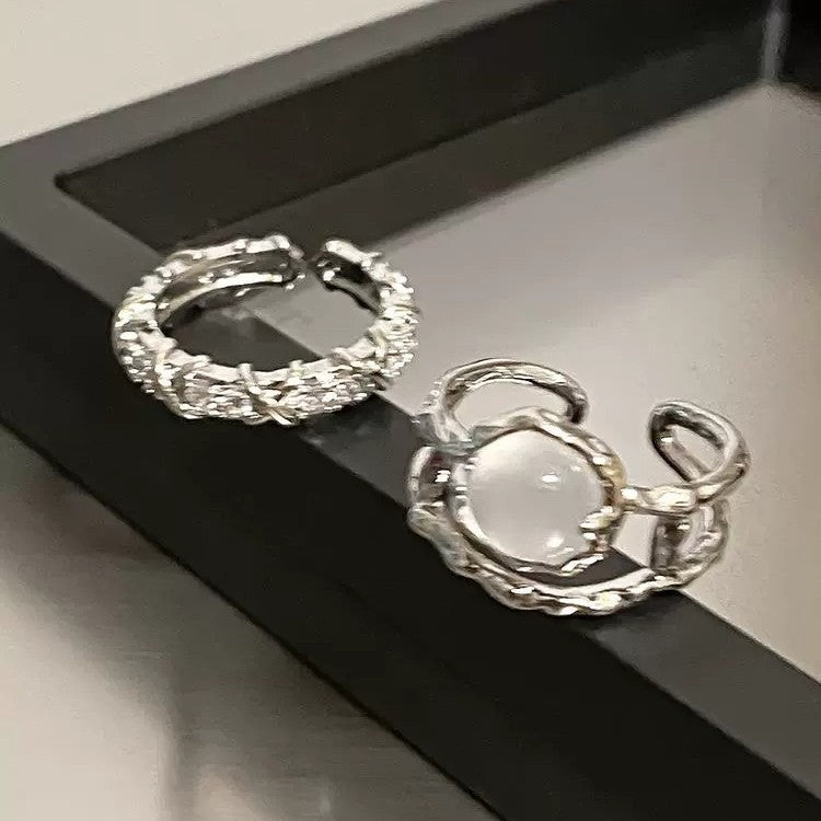 White Moonstone Couple Rings For Men & Women, Niche Zircon Inlaid French Style Adjustable Open Index Finger Jewelry Vera Lux