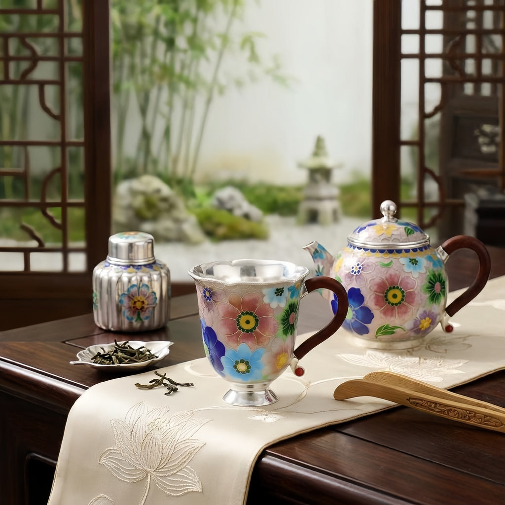 Pure 999 Fine Silver Enamel Floral Mug with Wooden Handle and Metallic Base-Premium Indigo Master Cup - Handicraft Vera Lux