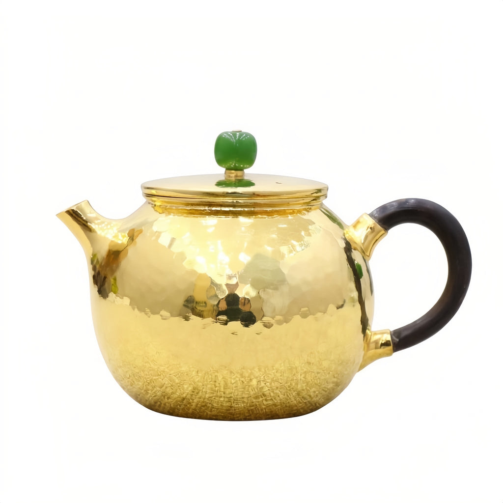 Pure 999 Fine Silver Hammered Metallic Teapot Featuring Green Jade Finial and Elegant Dark Wood Handle - Handicraft Vera Lux