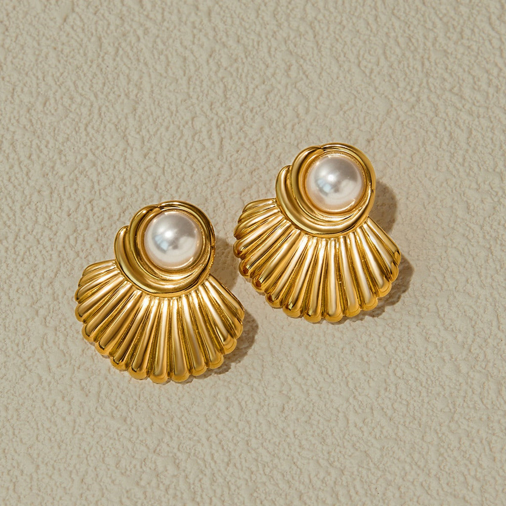 18K gold geometric inlaid pearls exquisite design noble earrings Vera Lux