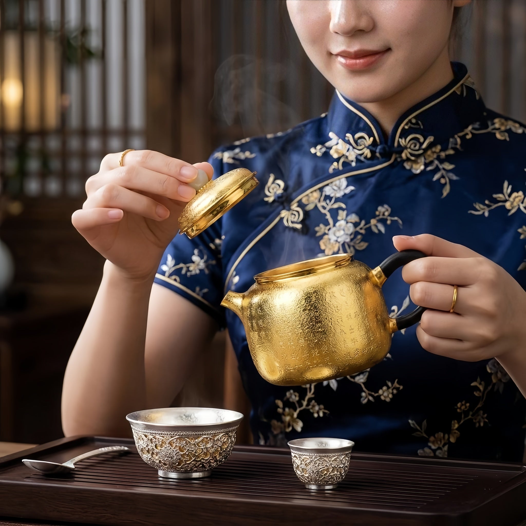 925 Sterling Silver Elegant Engraved Metallic Tea Kettle with Traditional Calligraphy and Smooth Jade Accents - Handicraft Vera Lux