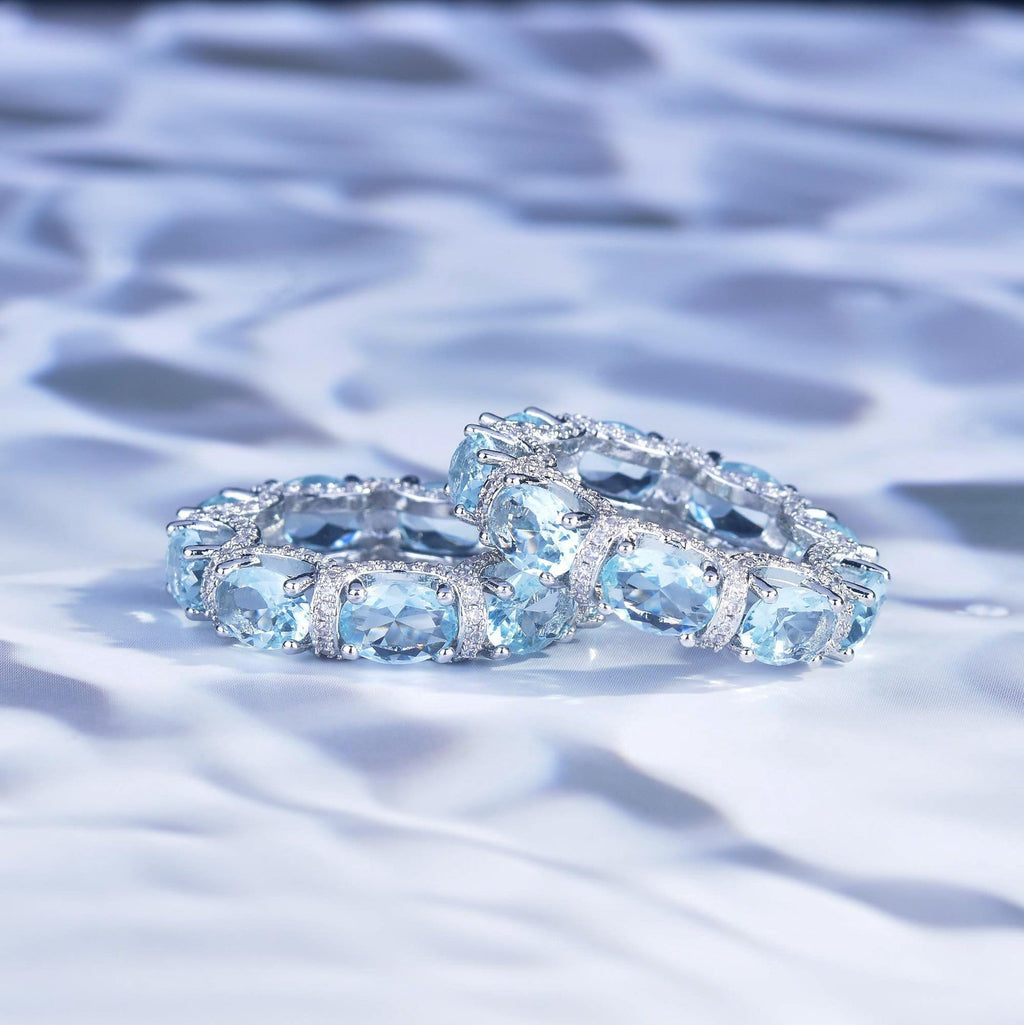 Luxury Oval Cut Aquamarine Eternity Band Ring, Micro Pave Blue Gemstone Stackable Ring For Women Vera Lux