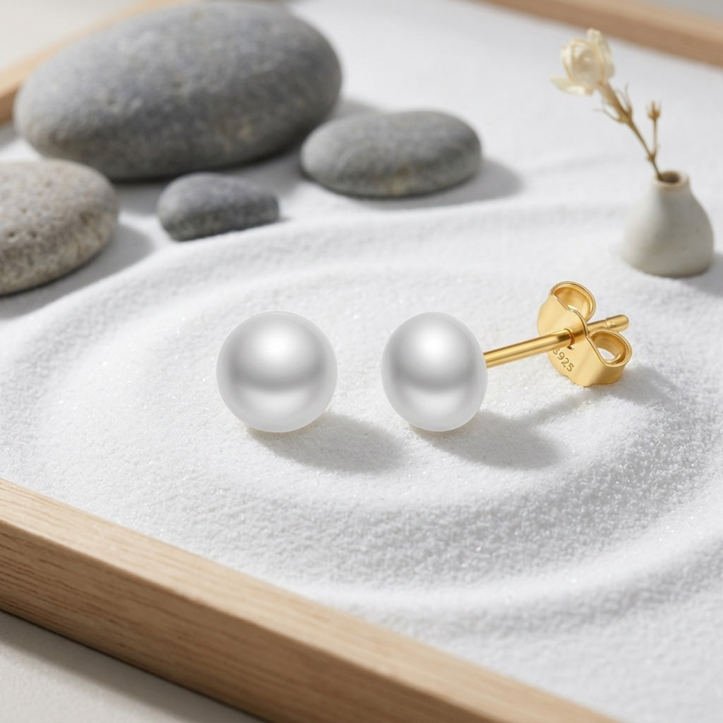 925 Sterling Silver Classic Round White Pearl Stud Earrings with Sterling Silver Butterfly Backings Vera Lux