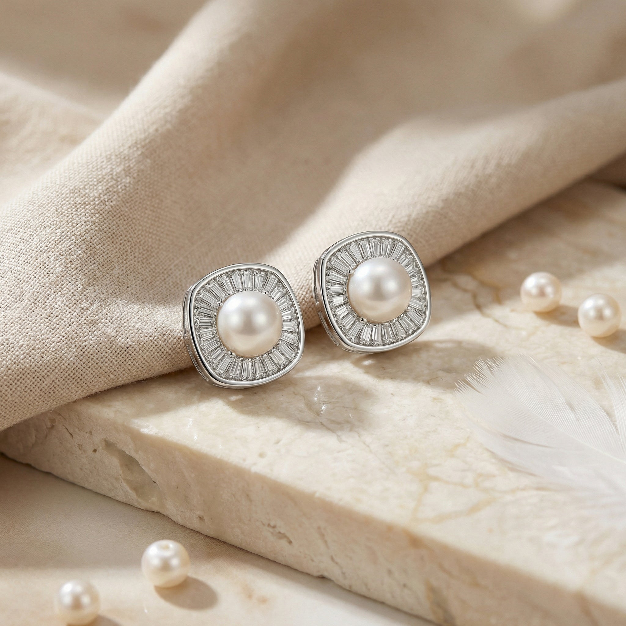 925 Sterling Silver Radiant Pearl and Tapered Baguette CZ Cushion Halo Stud Earrings Vera Lux