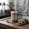 Pure 999 Fine Silver Elegant Silver Peony Engraved Mug with Red Bead Lid and Hammered Base - Handicraft Vera Lux