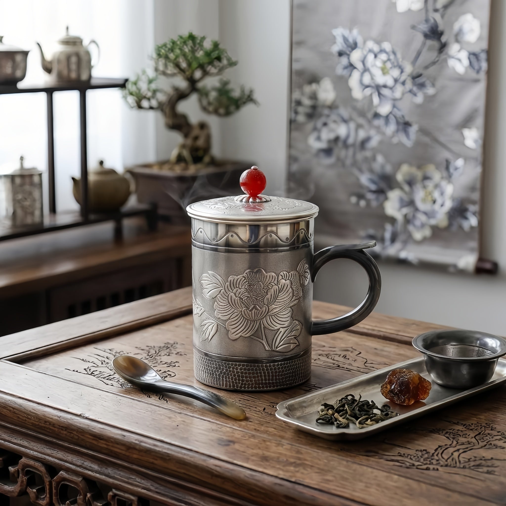 Pure 999 Fine Silver Elegant Silver Peony Engraved Mug with Red Bead Lid and Hammered Base - Handicraft Vera Lux