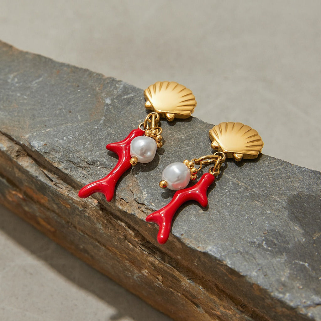 18K gold shell and coral design exquisite and noble earrings Vera Lux