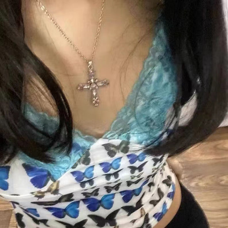 Gothic Cross Pendant Necklace For Women, Y2K Heavy Duty Bling Rhinestone Clavicle Chain, Vintage Punk Hip Hop Trendy Streetwear Jewelry Vera Lux