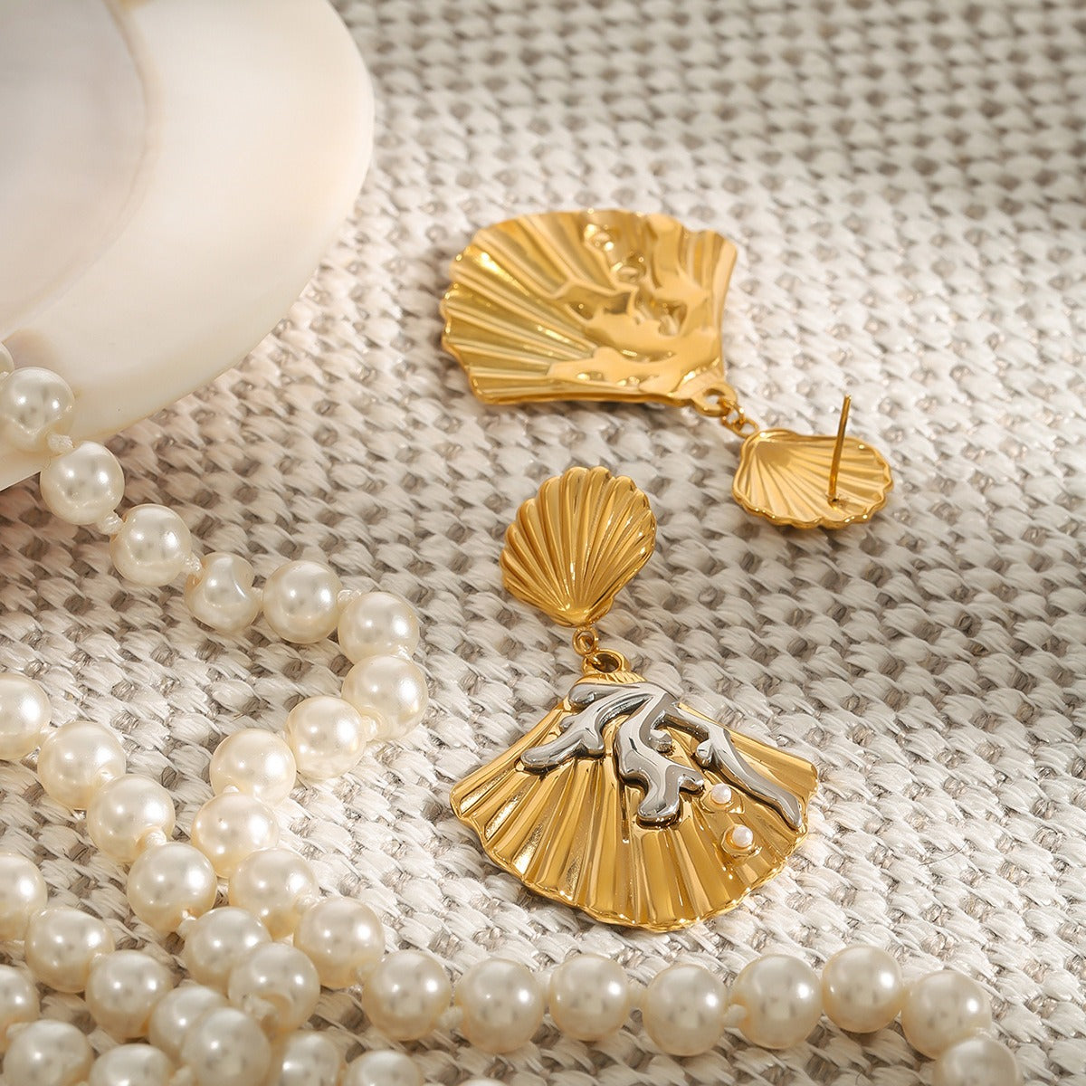 18K gold shell inlaid pearl exquisite design unique earrings Vera Lux