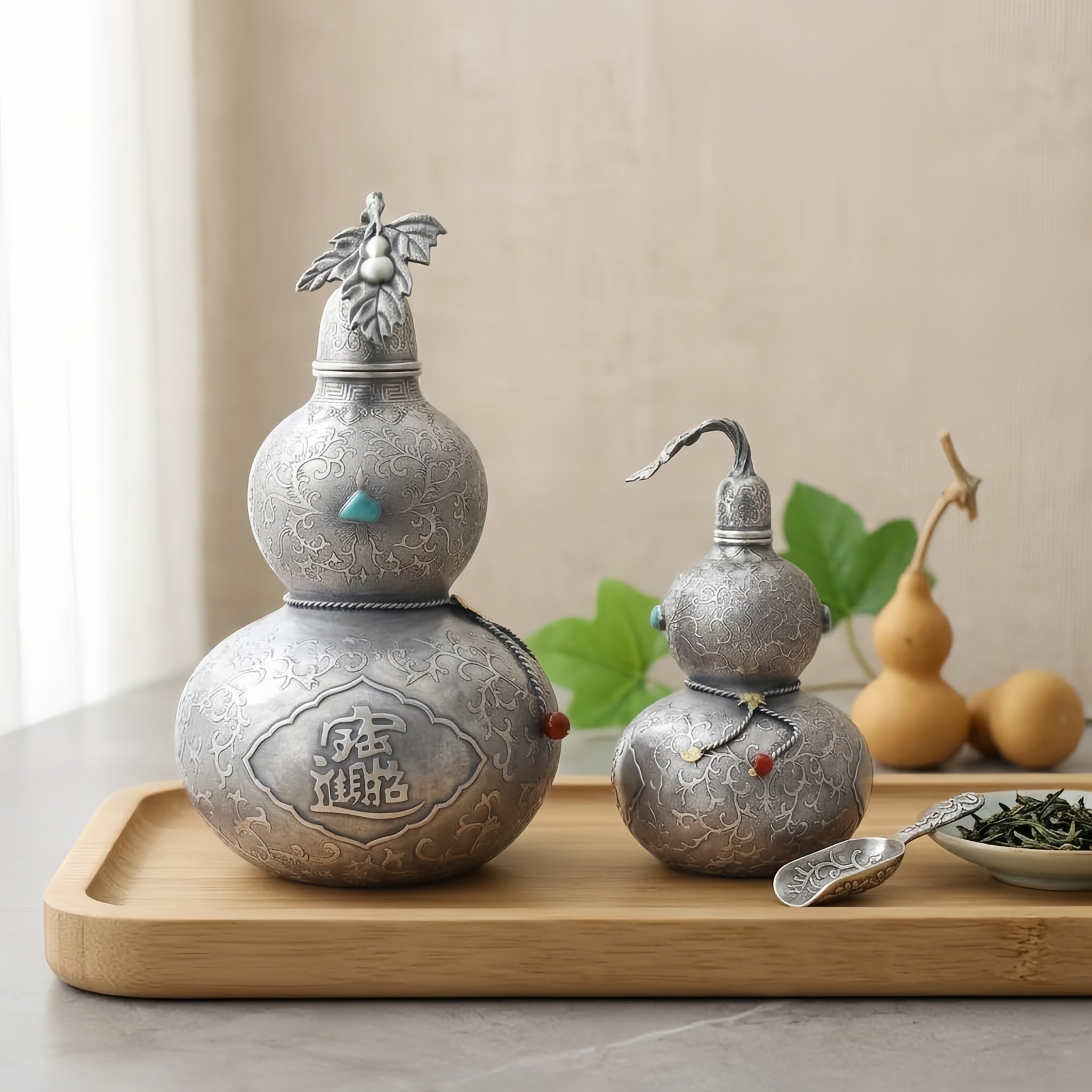 Pure 999 Fine Silver Ornate Silver-Tone Gourd Containers with Turquoise and Traditional Chinese Prosperity Engravings - Handicraft Vera Lux