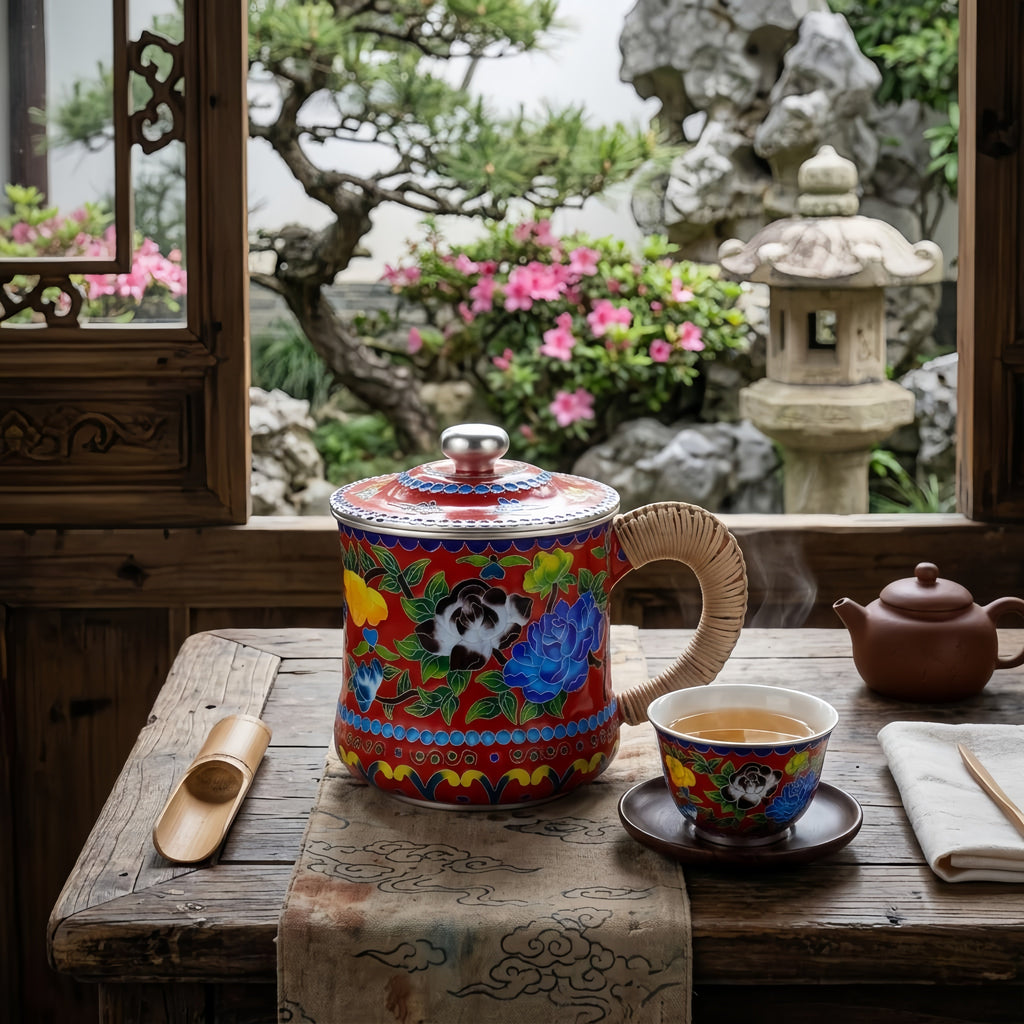 925 Sterling Silver Handcrafted Enamel Tea Cup with Bamboo Handle and Vibrant Floral Design-Premium Indigo Tea Mug - Handicraft Vera Lux