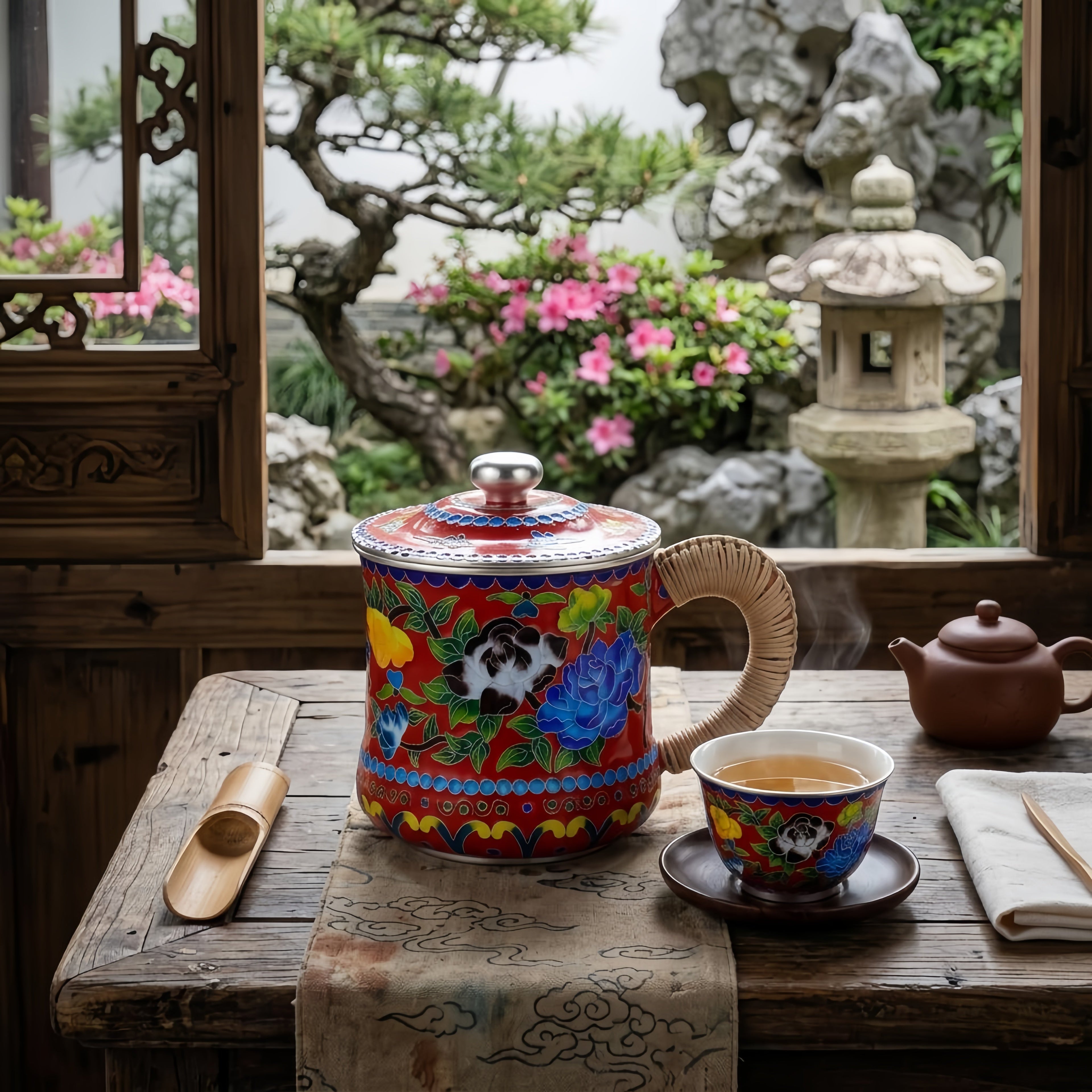 925 Sterling Silver Handcrafted Enamel Tea Cup with Bamboo Handle and Vibrant Floral Design-Premium Indigo Tea Mug - Handicraft Vera Lux